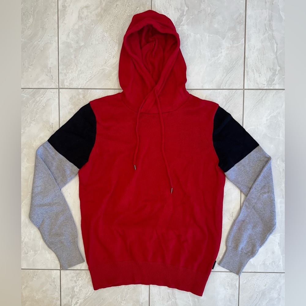 Sean John Colorblock Hooded Sweater - Red / Black / Light Grey, Medium